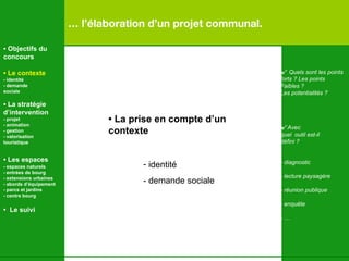 …  l’élaboration d’un projet communal. √  Quels sont les points forts ? Les points Faibles ?  Les potentialités ? √   Avec  quel  outil est-il  défini ? diagnostic lecture paysagère réunion publique enquête - … •  La prise en compte d’un  contexte identité - demande sociale   •  Objectifs du concours •  Le contexte - identité - demande  sociale •  La stratégie d’intervention   - projet - animation  - gestion - valorisation  touristique •  Les espaces   - espaces naturels - entrées de bourg - extensions urbaines - abords d’équipement - parcs et jardins - centre bourg •  Le suivi 