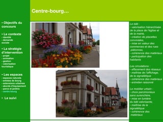 Centre-bourg… Le bâti : valorisation hiérarchisée de la place de l’église et  de la mairie,  création de placettes  conviviales,  mise en valeur des commerces et des rues piétonnes, - cohérence des matériaux participation des  habitants Les circulations : effacement des réseaux maîtrise de l’affichage,  de la signalétique cohérence des matériaux entretien raisonné Le mobilier urbain :  choix parcimonieux  sans surenchère,  mise en lumière  du b âti valorisante,  maîtrise de la  signalétique cohérence des matériaux •  Objectifs du concours •  Le contexte - identité - demande  sociale •  La stratégie d’intervention   - projet - animation  - gestion - valorisation  touristique •  Les espaces   - espaces naturels - entrées de bourg - extensions urbaines - abords d’équipement - parcs et jardins - centre bourg •  Le suivi 