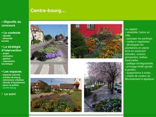 Centre-bourg… Le végétal :  réhabiliter l’arbre en  Ville, paysager les parkings, ruelles à végétaliser  développer les plantations en pleine terre en associant arbustes, vivaces,  grimpantes, bulbes, bisanuelles … paillage biodégradable, arrosage limité (goutte à goutte), suspensions à éviter, charte de couleur du  fleurissement à appliquer •  Objectifs du concours •  Le contexte - identité - demande  sociale •  La stratégie d’intervention   - projet - animation  - gestion - valorisation  touristique •  Les espaces   - espaces naturels - entrées de bourg - extensions urbaines - abords d’équipement - parcs et jardins - centre bourg •  Le suivi 