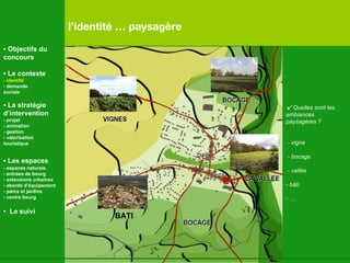 √   Quelles sont les  ambiances paysagères ? - vigne - bocage - vallée bâti …   BATI l’identité … paysagère •  Objectifs du concours •  Le contexte - identité - demande  sociale •  La stratégie d’intervention   - projet - animation  - gestion - valorisation  touristique •  Les espaces   - espaces naturels - entrées de bourg - extensions urbaines - abords d’équipement - parcs et jardins - centre bourg •  Le suivi 