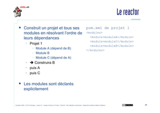 Le reactor
pom.xml de projet 1
Construit un projet et tous ses
modules en résolvant l’ordre de <modules>
<module>moduleA</module>
leurs dépendances
Projet 1
• Module A (dépend de B)
• Module B
• Module C (dépend de A)

<module>moduleC</module>
<module>moduleB</module>
</modules>

Construira B
puis A
puis C

Les modules sont déclarés
explicitement

Copyright © 2009 – OCTO Technology – Licence CC – Creative Commons 2.0 France – Paternité – Pas d'Utilisation Commerciale – Partage des Conditions Initiales à l'Identique

24

 