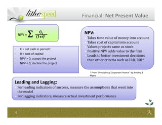 Financial: Net Present Value
• C = net cash in period t
• R = cost of capital
• NPV > 0; accept the project
• NPV < 0; decline the project
NPV:
Takes time value of money into account
Takes cost of capital into account
Values projects same as stock
Positive NPV adds value to the firm
Leads to better investment decisions
than other criteria such as IRR, ROI*
NPV = ∑ Ct
(1+r)t
99
• NPV < 0; decline the project
* From “Principles of Corporate Finance” by Brealey &
Myers
Leading and Lagging:
For leading indicators of success, measure the assumptions that went into
the model
For lagging indicators, measure actual investment performance
 