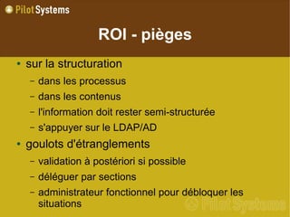 ROI - pièges
●   sur la structuration
    –   dans les processus
    –   dans les contenus
    –   l'information doit rest...