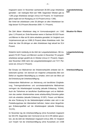 -5-


Insgesamt waren im November sachsenweit 26.350 junge Arbeitslose              Jugendarbeitslosig-
                                                                              keit
gemeldet – der niedrigste Wert seit 1998. Gegenüber Oktober gab es
1.265 junge Arbeitslose weniger (minus 4,6 Prozent). Im Vorjahresver-
gleich ergibt sich ein Rückgang um 4,9 Prozent (minus 1.346).
Der Anteil der arbeitslosen unter 25-Jährigen an allen Arbeitslosen be-
trägt derzeit 10,5 Prozent (November 2008: 11,1 Prozent).


Die Zahl älterer Arbeitsloser stieg im Vormonatsvergleich um 1.042            Situation für Ältere
(plus 1,3 Prozent) an. Ende November waren in Sachsen 83.533 Frauen
und Männer im Alter ab 50 Jahre arbeitslos gemeldet. Im Vergleich zum
Vorjahresmonat gab es 3.998 (5 Prozent) ältere Arbeitslose mehr. Der
Anteil der über 50-Jährigen an allen Arbeitslosen liegt aktuell bei 33,4
Prozent.


Weiterhin leicht rückläufig ist die Zahl der Langzeitarbeitslosen. Mit ins-   Langzeitarbeitslosig-
                                                                              keit
gesamt 75.301 Frauen und Männern wurden im November 70 Langzeit-
arbeitslose weniger gezählt als im Oktober (minus 0,1 Prozent). Gegen-
über November 2008 nahm die Langzeitarbeitslosigkeit und 7.511 Per-
sonen ab. (minus 9,1 Prozent).


Der Einsatz von Maßnahmen der Arbeitsmarktpolitik entlastet den Ar-           Unterbeschäftigung
beitsmarkt spürbar. Um dennoch ein möglichst umfassendes Bild vom
Defizit an regulärer Beschäftigung zu erhalten, lohnt sich der Blick auf
die Entwicklung der Unterbeschäftigung.

Insbesondere Maßnahmen zur Aktivierung und beruflichen Eingliede-
rung, Trainingsmaßnahmen und vorruhestandsähnliche Maßnahmen
verringern die Arbeitslosigkeit kurzzeitig (aktuelle Entlastung: 16.844).
Auch die Teilnehmer an beruflichen Qualifizierungen und an Maßnah-
men des zweiten Arbeitsmarktes sowie arbeitsunfähig Erkrankte gelten
nicht als arbeitslos (aktuelle Entlastung: 61.007). Frauen und Männer,
die eine Förderung für die Selbstständigkeit erhalten oder sich in der
Freistellungsphase der Altersteilzeit befinden, haben einen längerfristi-
gen Entlastungseffekt auf die Arbeitslosigkeit (aktuelle Entlastung:
15.315).

Im November lag die Unterbeschäftigung (ohne Kurzarbeit) insgesamt
bei 344.378. Gegenüber dem Vormonat ist sie mit 2.376 stärker gesun-
ken, als die Zahl der Arbeitslosen insgesamt (minus 269). Im Vergleich
zum Vorjahr hat die Unterbeschäftigung (ohne Kurzarbeit) um 3.508
 