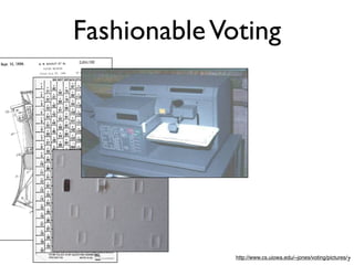 Fashionable Voting




              http://www.cs.uiowa.edu/~jones/voting/pictures/7
 