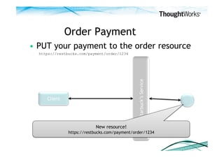Order Payment
•  PUT your payment to the order resource
  https://restbucks.com/payment/order/1234




                   ...