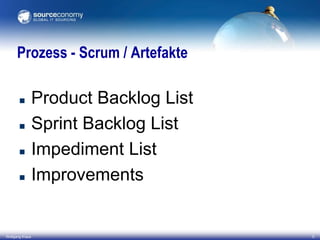 Prozess - Scrum / Artefakte





Wolfgang Kraus

Product Backlog List
Sprint Backlog List
Impediment List
Improvements

5

 