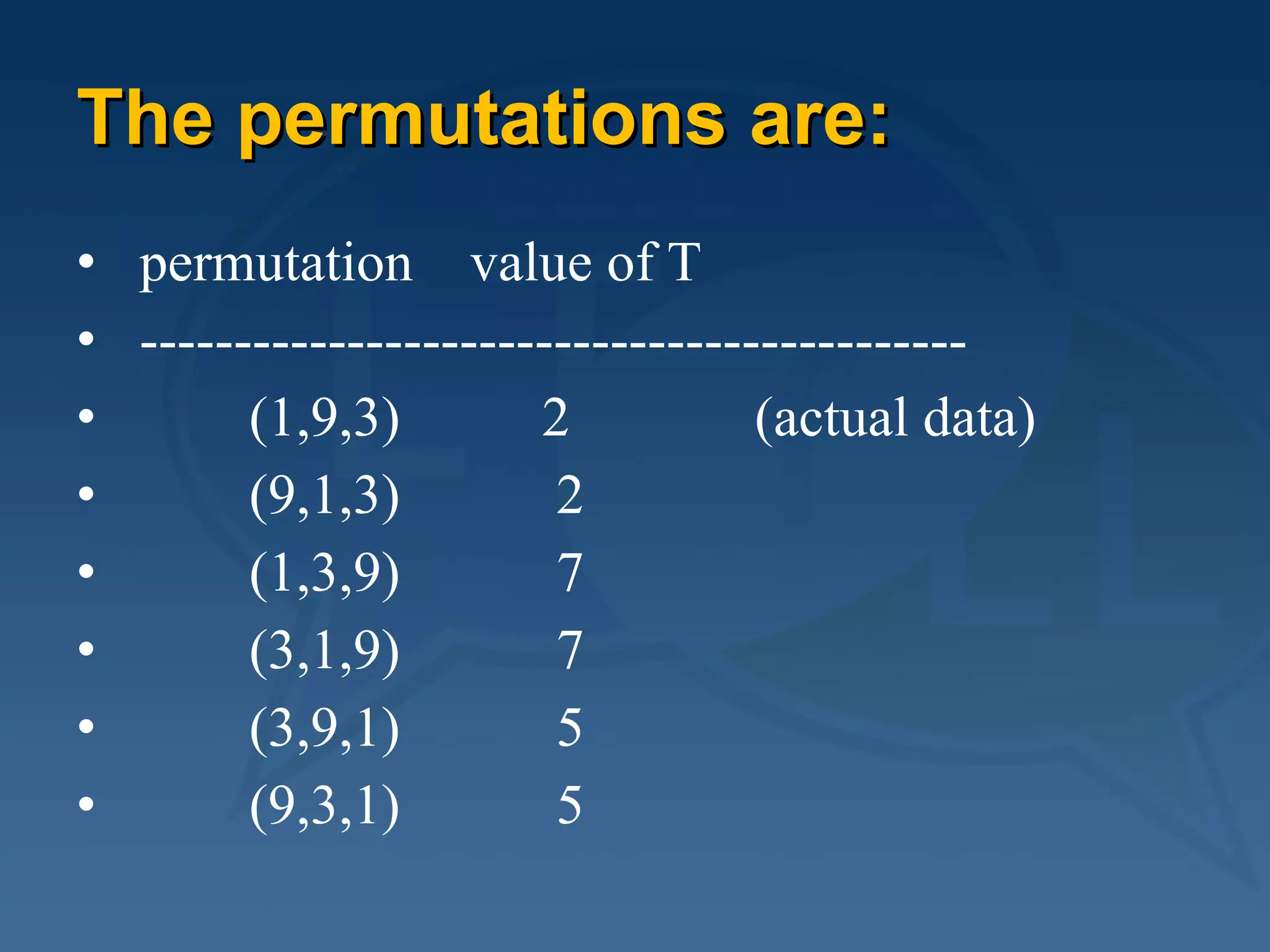 The permutations are: permutation    value of T         --------------------------------------------          (1,9,3)          2             (actual data)          (9,1,3)           2                       (1,3,9)           7                       (3,1,9)           7                       (3,9,1)           5                      (9,3,1)           5              