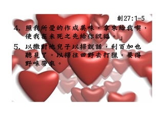 創27:1-5
4. 照我所愛的作成美味，拿來給我喫，
4 照我所愛的作成美味 拿來給我喫
    我在未      福 」
   使我在未死之先給你祝福。」
5. 以撒對他兒子以掃說話，利百加也
   聽見了。以掃往田野去打獵，要得
   野味帶來。
 