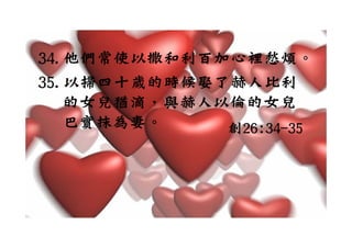 34.他們常使以撒和利百加心裡愁煩。
34 他們常使以撒和利百加心裡愁煩。
35.以掃四十歲的時候娶了赫人比利
35 以掃四十歲的時候娶了赫人比利
   的女兒猶滴，與赫人以倫的女兒
   巴實抹為妻。    創26:34-35
 