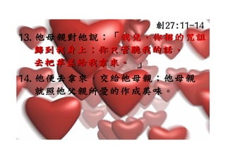 創27:11-14
13.他母親對他說：「我兒，你招的咒詛
13 他母親對他說：「我兒，你招的咒詛
           我兒，你招的咒詛
   歸到我身
   歸到我身上；你只管聽我的話，
         你 管聽我
           管聽我的
   去把羊羔給我拿來。 」
14.他便去拿來，交給他母親；他母親
   就照他父親所愛的作成美味。
   就照他父親所愛的作成美味
 