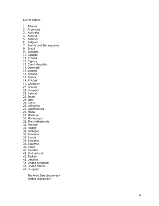 List of States

1. Albania
2. Argentina
3. Australia
4. Austria
5. Belarus
6. Belgium
7. Bosnia and Herzegovina
8. Brazil
9. Bulgaria
10. Canada
11. Croatia
12. Cyprus
13. Czech Republic
14. Denmark
15. Estonia
16. Finland
17. France
18. FYROM
19. Germany
20. Greece
21. Hungary
22. Ireland
23. Israel
24. Italy
25. Latvia
26. Lithuania
27. Luxembourg
28. Malta
29. Moldova
30. Montenegro
31. The Netherlands
32. Norway
33. Poland
34. Portugal
35. Romania
36. Russia
37. Slovakia
38. Slovenia
39. Spain
40. Sweden
41. Switzerland
42. Turkey
43. Ukraine
44. United Kingdom
45. United States
46. Uruguay

   The Holy See (observer)
   Serbia (observer)




                             8
 