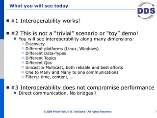 What you will see today


#1 Interoperability works!

#2 This is not a “trivial” scenario or “toy” demo!
    You will see interoperability along many dimensions:
         Discovery
         Different platforms (Linux, Windows)
         Different Data-Types
         Different Topics
         Different Qos
         Unicast & Multicast, both reliable and best efforts
         One to Many and Many to one communications
         Filters: time, content, …

#3 Interoperability does not compromise performance
    Direct communication. No bridges!!



                   © 2009 PrismTech, RTI, TwinOaks - All rights Reserved   7
 