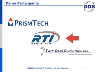 Demo Participants




          © 2009 PrismTech, RTI, TwinOaks - All rights Reserved   7
 