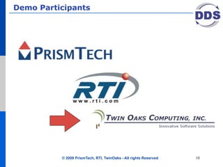 Demo Participants




          © 2009 PrismTech, RTI, TwinOaks - All rights Reserved   10
 