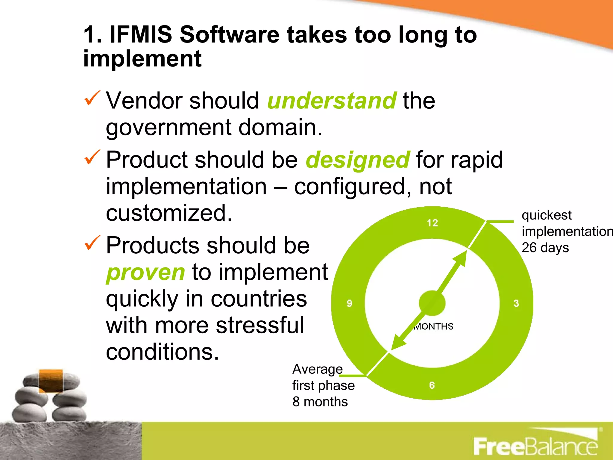 1. IFMIS Software takes too long to implement Vendor should  understand  the government domain. Product should be  designed  for rapid implementation – configured, not customized. Products should be  proven  to implement  quickly in countries  with more stressful  conditions. quickest  implementation 26 days Average first phase 8 months 