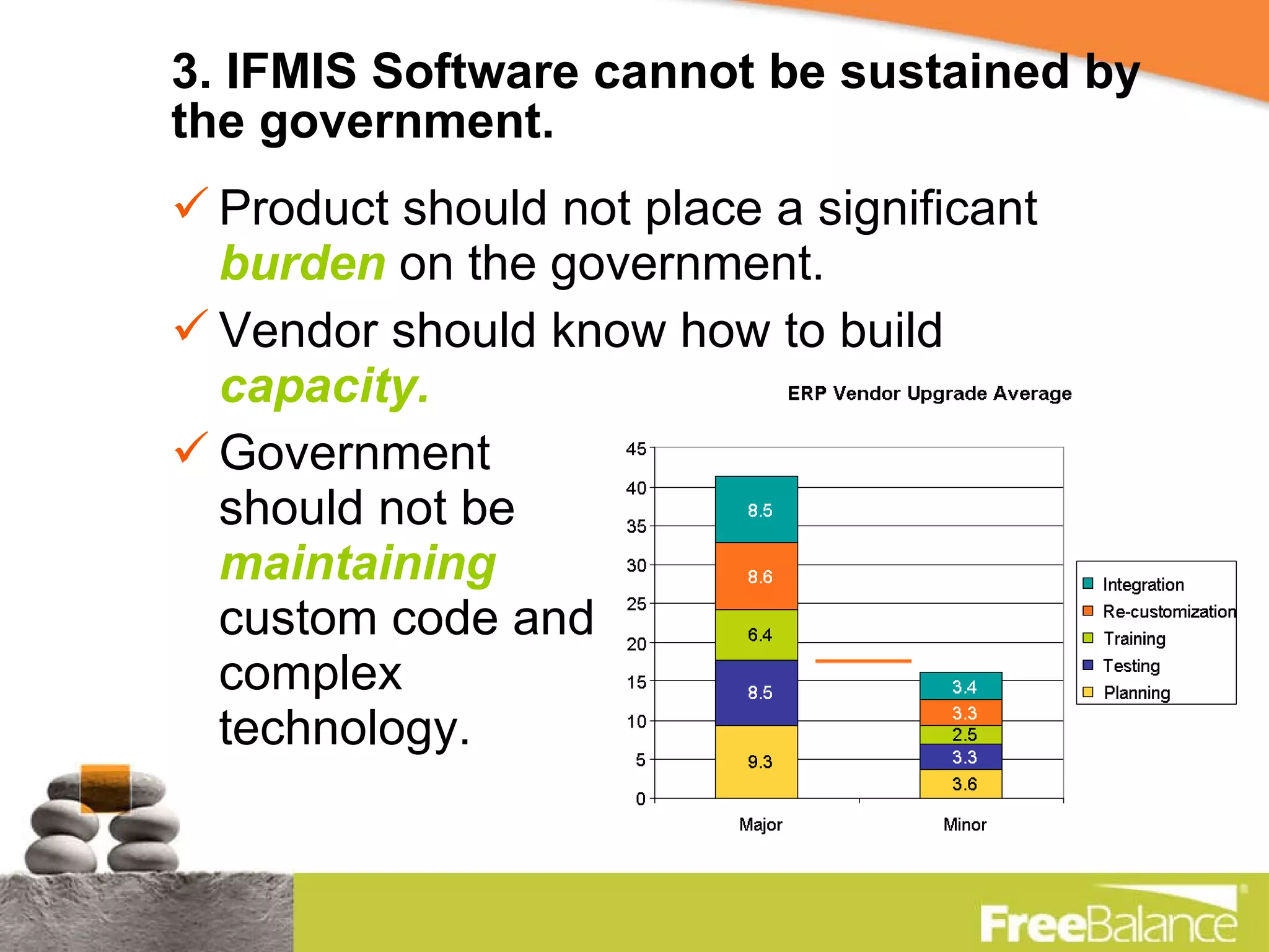 3. IFMIS Software cannot be sustained by the government. Product should not place a significant  burden  on the government. Vendor should know how to build  capacity. Government  should not be  maintaining  custom code and  complex  technology. 