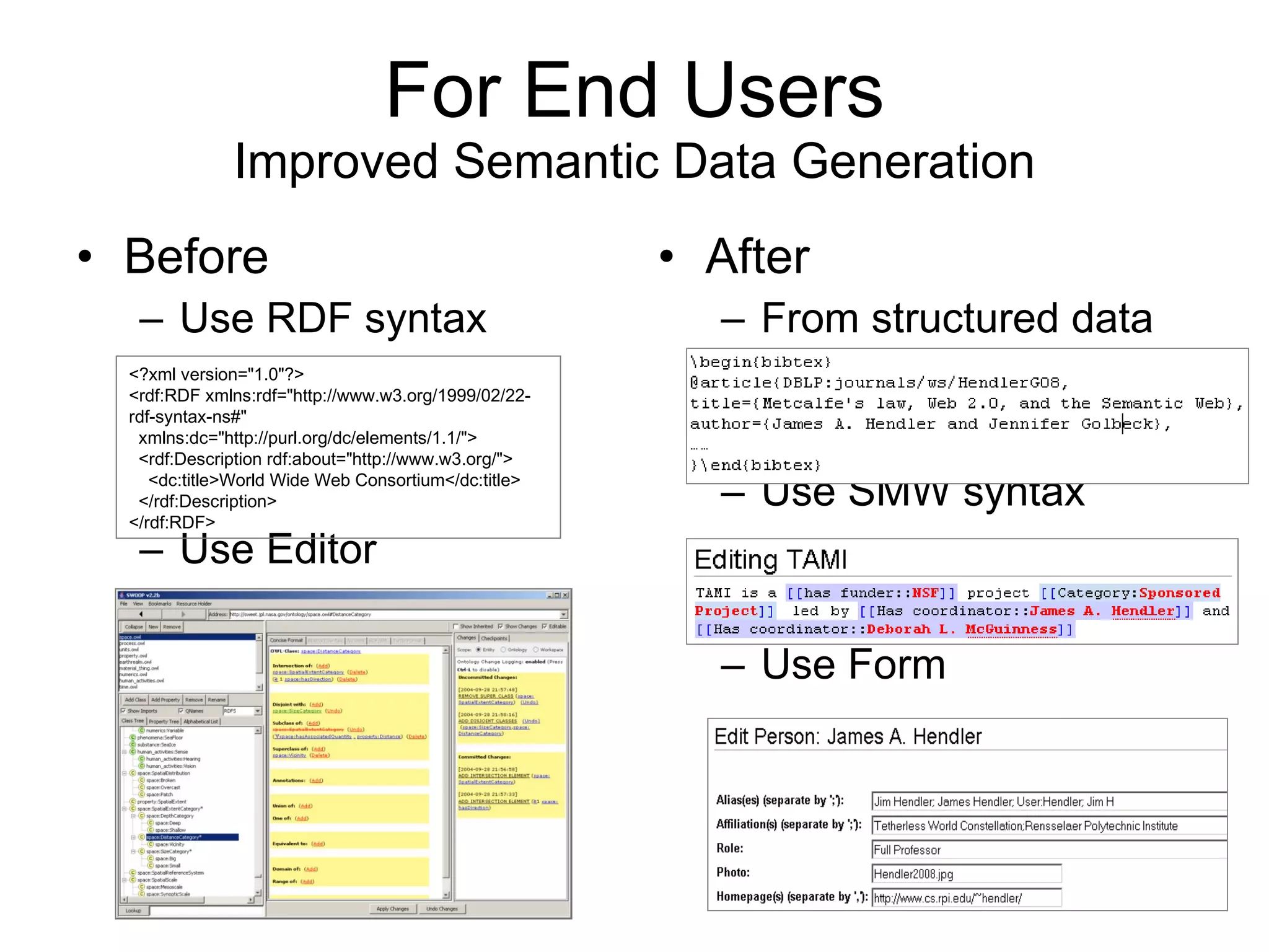 For End Users Improved Semantic Data Generation Before Use RDF syntax Use Editor After From structured data Use SMW syntax Use Form <?xml version=&quot;1.0&quot;?> <rdf:RDF xmlns:rdf=&quot;http://www.w3.org/1999/02/22-rdf-syntax-ns#&quot; xmlns:dc=&quot;http://purl.org/dc/elements/1.1/&quot;> <rdf:Description rdf:about=&quot;http://www.w3.org/&quot;> <dc:title>World Wide Web Consortium</dc:title>  </rdf:Description> </rdf:RDF> 