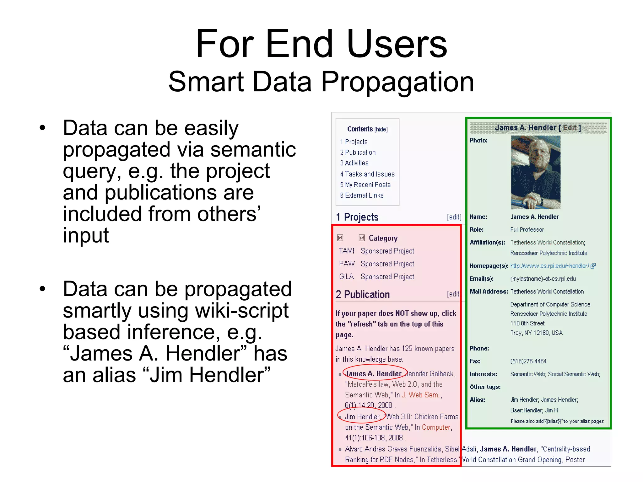For End Users Smart Data Propagation Data can be easily propagated via semantic query, e.g. the project and publications are included from others’ input Data can be propagated smartly using wiki-script based inference, e.g.  “James A. Hendler” has an alias “Jim Hendler” 
