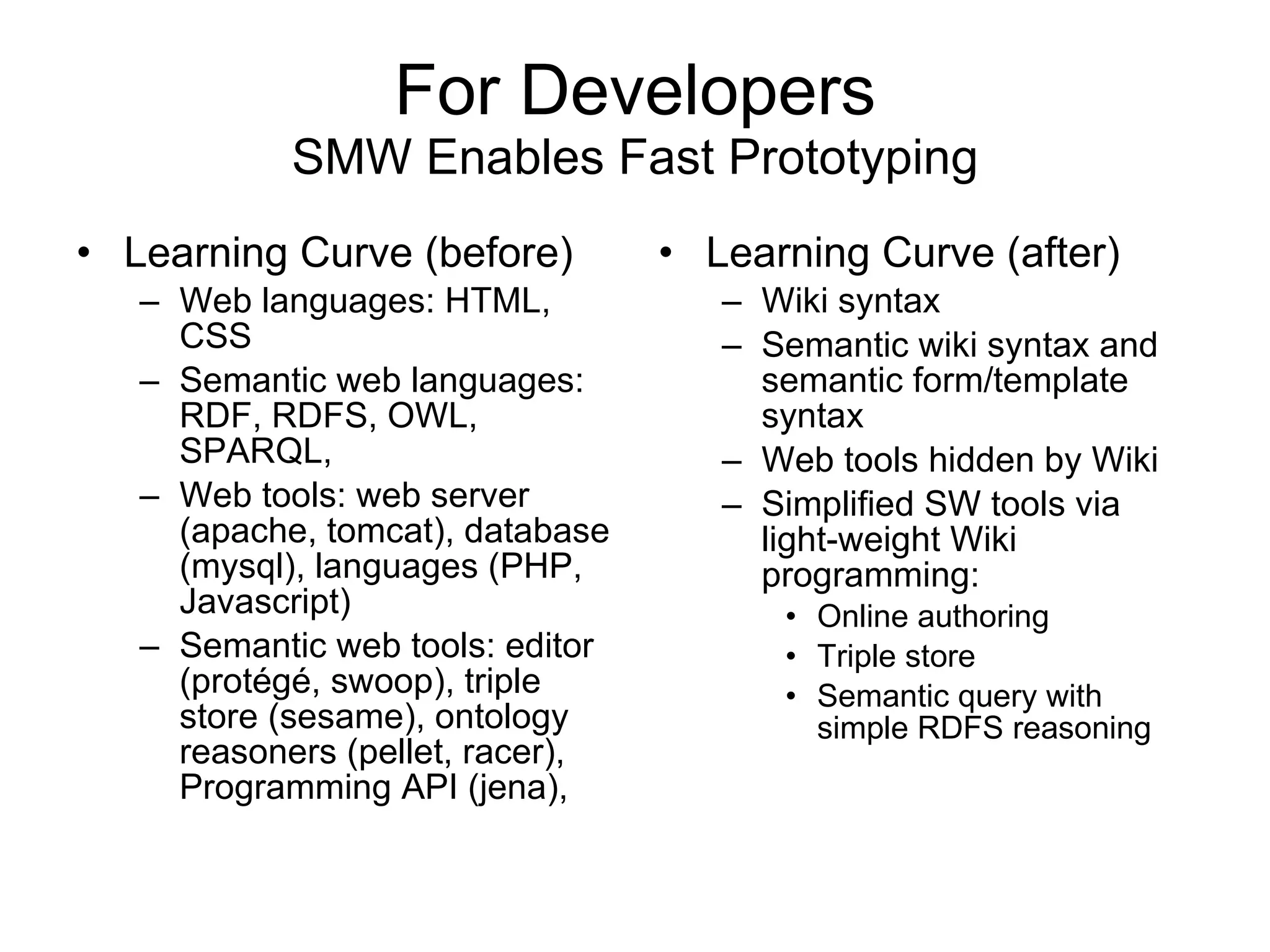 For Developers SMW Enables Fast Prototyping Learning Curve (before) Web languages: HTML, CSS Semantic web languages: RDF, RDFS, OWL, SPARQL,  Web tools: web server (apache, tomcat), database (mysql), languages (PHP, Javascript) Semantic web tools: editor (protégé, swoop), triple store (sesame), ontology reasoners (pellet, racer), Programming API (jena),  Learning Curve (after) Wiki syntax  Semantic wiki syntax and semantic form/template syntax Web tools hidden by Wiki Simplified SW tools via light-weight Wiki programming: Online authoring Triple store Semantic query with simple RDFS reasoning 