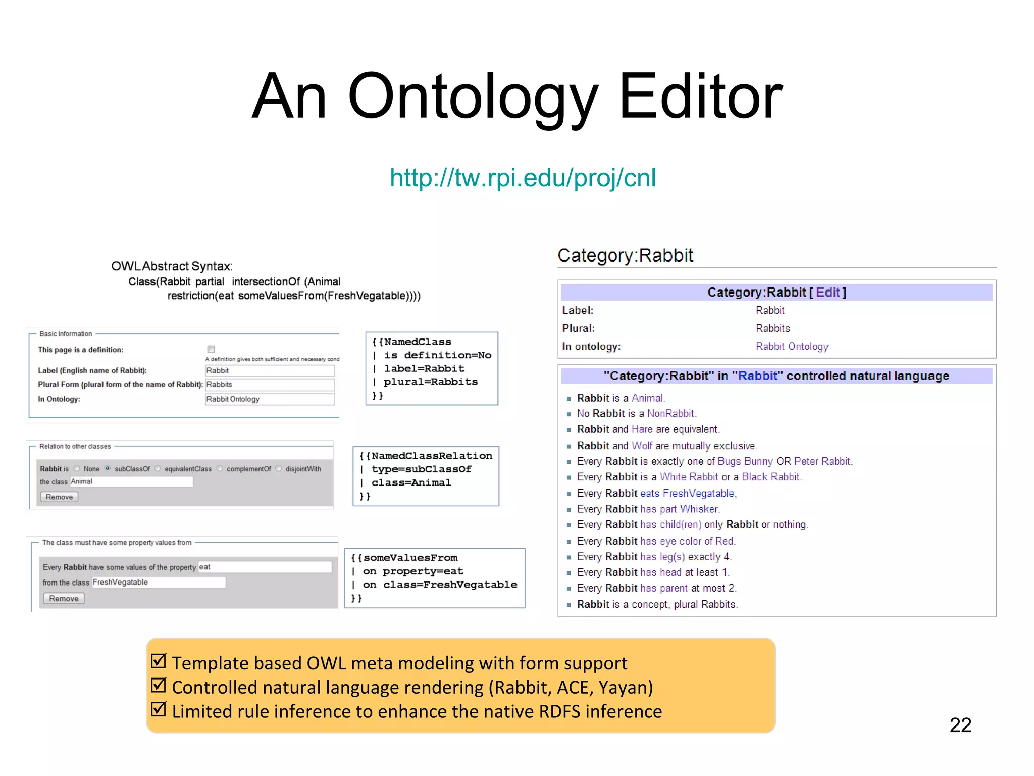 An Ontology Editor Template based OWL meta modeling with form support Controlled natural language rendering (Rabbit, ACE, Yayan) Limited rule inference to enhance the native RDFS inference http://tw.rpi.edu/proj/cnl   