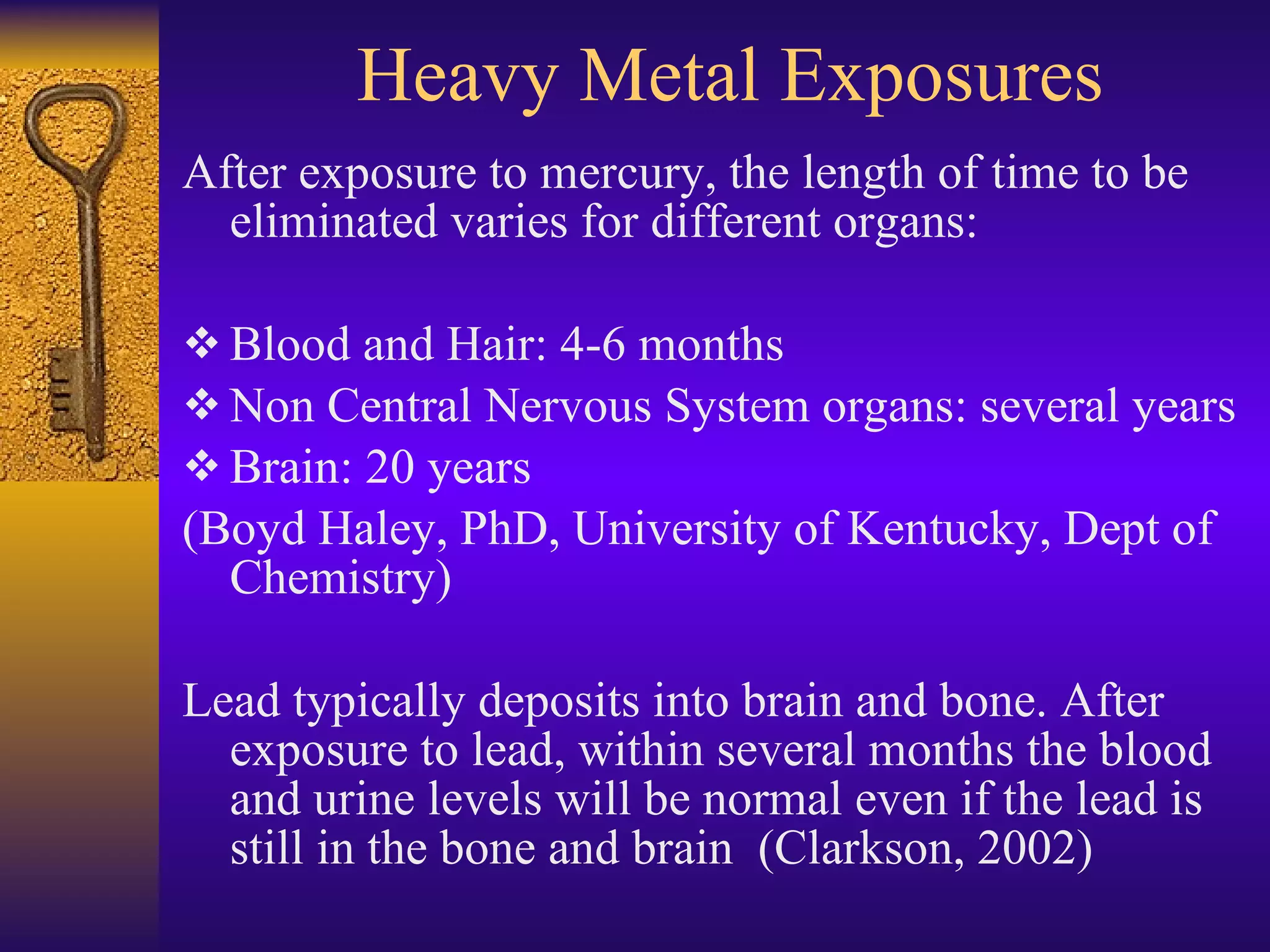 Heavy Metal Exposures After exposure to mercury, the length of time to be eliminated varies for different organs: Blood and Hair: 4-6 months  Non Central Nervous System organs: several years Brain: 20 years (Boyd Haley, PhD, University of Kentucky, Dept of Chemistry) Lead typically deposits into brain and bone. After exposure to lead, within several months the blood and urine levels will be normal even if the lead is still in the bone and brain  (Clarkson, 2002) 