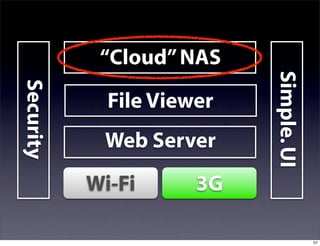 “Cloud” NAS




                           Simple. UI
Security


             File Viewer
            Web Server
           Wi-Fi      3G

                                        57
 