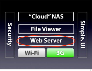 “Cloud” NAS




                           Simple. UI
Security


             File Viewer
            Web Server
           Wi-Fi      3G

                                        67
 
