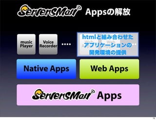 Appsの解放

                           htmlと組み合わせた
music     Voice             Web    Web
Player   Recorder
                    ●●●●
                            アプリケーションの
                           Apps#1 Apps#2
                                         ●●●●




                             開発環境の提供


 Native Apps                 Web Apps


                                Apps
                                                75
 