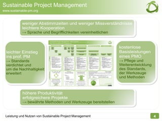 Sustainable Project Management
www.sustainable-pm.org



            weniger Abstimmzeiten und weniger Missverständnisse
            leichtere Kooperation
            → Sprache und Begrifflichkeiten vereinheitlichen



                                                               kostenlose
  leichter Einstieg                                            Basisleistungen
  ins prof. PM                                                 eines PMO
  → Standards                                                  → Pflege und
  verdichtet und                                               Weiterentwicklung
  um die Nachhaltigkeit                                        des Standards,
  erweitert                                                    der Werkzeuge
                                                               und Methoden



            höhere Produktivität
            erfolgreichere Projekte
            → bewährte Methoden und Werkzeuge bereitstellen


 Leistung und Nutzen von Sustainable Project Management                            4
 