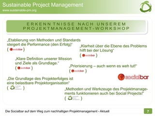 Sustainable Project Management
www.sustainable-pm.org



              ERKENN TNISSE NACH UNSEREM
             PROJEKTMANAGEMENT-WORKSHOP

  „Etablierung von Methoden und Standards
  steigert die Performance (den Erfolg)“ „Klarheit über die Ebene des Problems
  (          )                                     hilft bei der Lösung“
                                                   (         )
        „Klare Definition unserer Mission
        und Ziele als Grundlage.“
                                        „Priorisierung – auch wenn es weh tut!“
        (         )
                                            (          )
  „Die Grundlage des Projekterfolges ist
  eine belastbare Projektorganisation“
  (          )                          „Methoden und Werkzeuge des Projektmanage-
                                        ments funktionieren auch bei Social Projects!“
                                        (          )

 Die Socialbar auf dem Weg zum nachhaltigen Projektmanagement - Aktuell              7
 