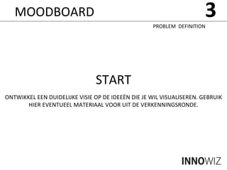 START ONTWIKKEL EEN DUIDELIJKE VISIE OP DE IDEEËN DIE JE WIL VISUALISEREN. GEBRUIK HIER EVENTUEEL MATERIAAL VOOR UIT DE VERKENNINGSRONDE. 