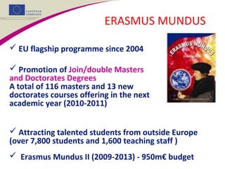 ERASMUS MUNDUS
 EU flagship programme since 2004
 Promotion of Join/double Masters
and Doctorates Degrees
A total of 116 masters and 13 new
doctorates courses offering in the next
academic year (2010-2011)
 Attracting talented students from outside Europe
(over 7,800 students and 1,600 teaching staff )
 Erasmus Mundus II (2009-2013) - 950m€ budget
 