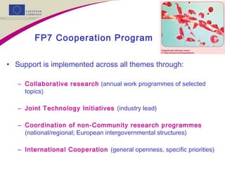 FP7 Cooperation Program
• Support is implemented across all themes through:
– Collaborative research (annual work programmes of selected
topics)
– Joint Technology Initiatives (industry lead)
– Coordination of non-Community research programmes
(national/regional; European intergovernmental structures)
– International Cooperation (general openness, specific priorities)
 