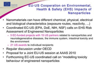 EU-US Cooperation on Environmental,
Health & Safety (EHS) Impacts of
Nanoparticles
• Nanomaterials can have different chemical, physical, electrical
and biological characteristics (exposure routes, reactivity, ...)
• Coordinated EC-US (EPA, DoE, NIH, NSF) calls on EHS Risk
Assessment of Engineered Nanoparticles
– 5 EC-funded projects with 15 US partners related to nanoparticles and
neurodegenerative diseases, the immune system, intestinal toxicity and
the environment
– 21 US awards to individual recipients
• Regular discussion under OECD
• Proposal for a Joint EU-US session at AAAS 2010
• Forthcoming EC-US coordinated call on “modelling toxicity
behaviour of engineered nanoparticles
 