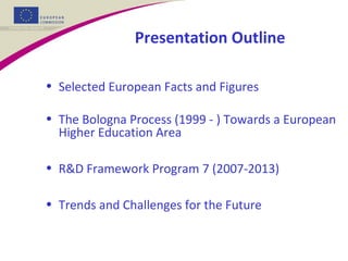 Presentation Outline
• Selected European Facts and Figures
• The Bologna Process (1999 - ) Towards a European
Higher Education Area
• R&D Framework Program 7 (2007-2013)
• Trends and Challenges for the Future
 