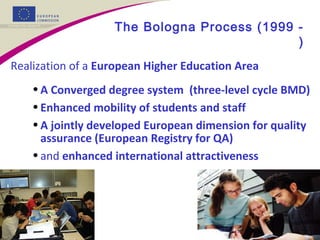 The Bologna Process (1999 -
)
Realization of a European Higher Education Area
•A Converged degree system (three-level cycle BMD)
•Enhanced mobility of students and staff
•A jointly developed European dimension for quality
assurance (European Registry for QA)
•and enhanced international attractiveness
 