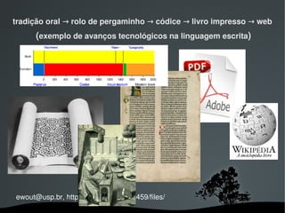 tradição oral → rolo de pergaminho → códice → livro impresso → web
      (exemplo de avanços tecnológicos na linguagem escrita)




ewout@usp.br, http://stoa.usp.br/fap0459/files/
                                
 