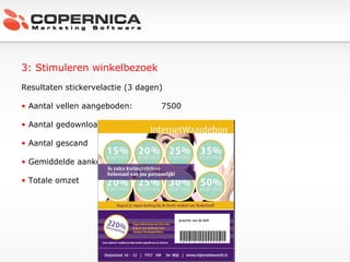3: Stimuleren winkelbezoek Resultaten stickervelactie (3 dagen) Aantal vellen aangeboden: 7500 Aantal gedownload 919 (12,25%) Aantal gescand 255 (27,75%) Gemiddelde aankoopwaarde € 150,- Totale omzet €  38.250,- 