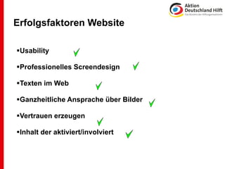 Erfolgsfaktoren Website

Usability

Professionelles Screendesign

Texten im Web

Ganzheitliche Ansprache über Bilder

Vertrauen erzeugen

Inhalt der aktiviert/involviert
 