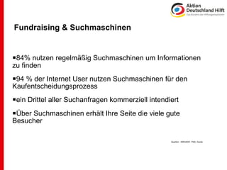 Fundraising & Suchmaschinen


84% nutzen regelmäßig Suchmaschinen um Informationen
zu finden
94 % der Internet User nutzen Suchmaschinen für den
Kaufentscheidungsprozess
ein Drittel aller Suchanfragen kommerziell intendiert
Über Suchmaschinen erhält Ihre Seite die viele gute
Besucher

                                                   Quellen: ARD/ZDF, TNS, Goole
 