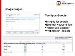 Google fragen!

                 Tooltipps Google

                 Insights for search
                 External Keyword Tool
                 Yahoo Site Explorer
                 Webmaster Tools (!)
 