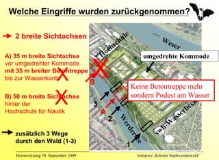 Welche Eingriffe wurden zurückgenommen?

   2 breite Sichtachsen                                   u le
                                                     ch                         We
                                                  hs                              ser
                                            o   c
A) 35 m breite Sichtachse                  H                          umgedrehte Kommode
vor umgedrehter Kommode

                         X
mit 35 m breiter Betontreppe
bis zur Wasserkante                    X
                                       B
                                                                 Keine Betontreppe mehr

hinter der              X
B) 50 m breite Sichtachse
                                       3
                                                                 sondern Podest am Wasser
                                                                                       be
                                                                                         ck
                                                                                           en
Hochschule für Nautik                      A                                         er
                                               2    W                            a ss
                                                                              -W
                                                     er
                                                                           wb
                                                       de
   zusätzlich 3 Wege                                                     s
                                                          r      see
   durch den Wald (1-3)
                                                            1
   Beiratssitzung 30. September 2009                               Initiative ‚Kleiner Stadtwerderwald‘
 