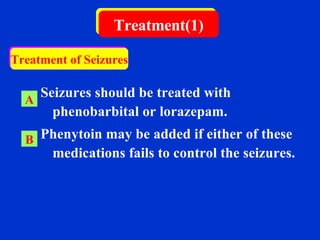   Seizures should be treated with phenobarbital or lorazepam. Phenytoin may be added if either of these medications fails to control the seizures.   Treatment(1) A B Treatment of Seizures 