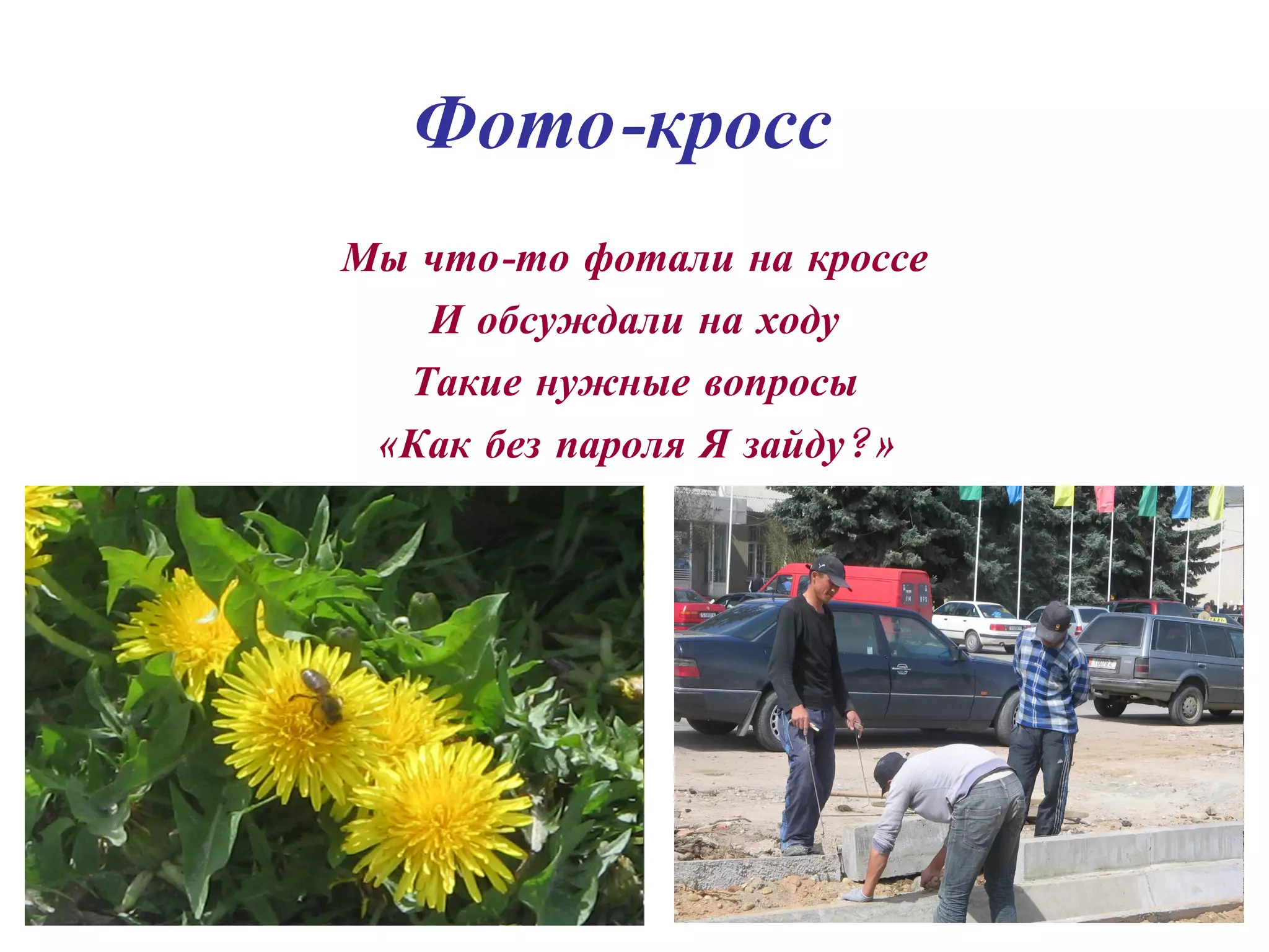 Фото-кросс  Мы что-то фотали на кроссе И обсуждали на ходу Такие нужные вопросы «Как без пароля Я зайду?» 