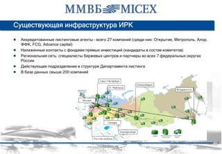Существующая инфраструктура ИРК

● Аккредитованные листинговые агенты – всего 27 компаний (среди них: Открытие, Метрополь, Алор,
    ФФК, FCG, Advance capital)
●   Налаженные контакты с фондами прямых инвестиций (кандидаты в состав комитетов)
●   Региональная сеть: специалисты биржевых центров и партнеры во всех 7 федеральных округах
    России
●   Действующее подразделение в структуре Департамента листинга
●   В базе данных свыше 200 компаний
    С 2007 года на базе ФБ ММВБ работает система предварительного отбора потенциальных
     эмитентов и проектов на базе клиентских подразделений биржи и региональных биржевых
              центров в 7 федеральных округах РФ, всего в базе – свыше 200 компаний




                                                                                                  7
 