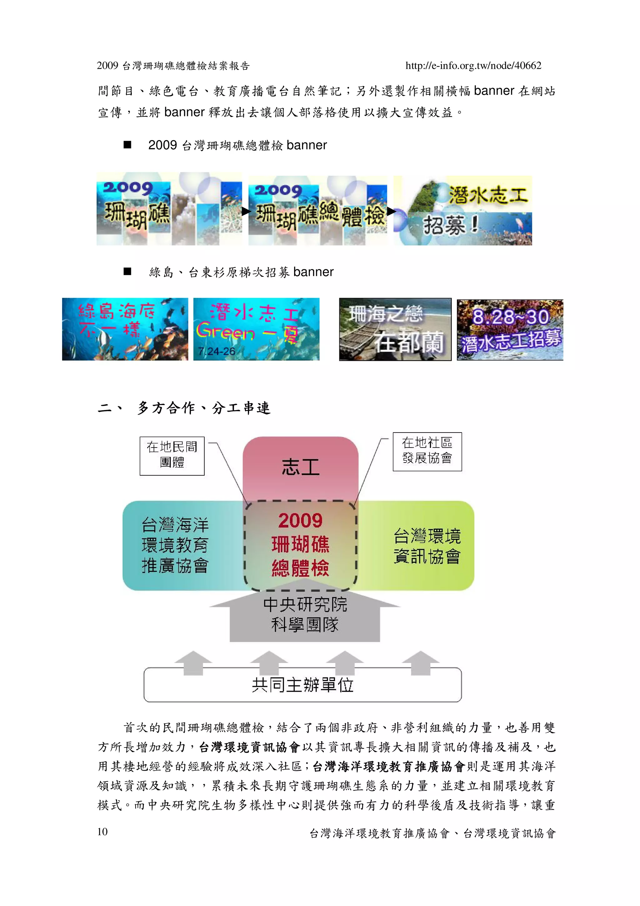 2009 台灣珊瑚礁總體檢結案報告             http://e-info.org.tw/node/40662

間節目、綠色電台、教育廣播電台自然筆記；另外還製作相關橫幅 banner 在網站
宣傳，並將 banner 釋放出去讓個人部落格使用以擴大宣傳效益。

     2009 台灣珊瑚礁總體檢 banner




     綠島、台東杉原梯次招募 banner




   多方合作、
二、 多方合作、分工串連




  首次的民間珊瑚礁總體檢，結合了兩個非政府、非營利組織的力量，也善用雙
方所長增加效力，台灣環境資訊協會
        台灣環境資訊協會以其資訊專長擴大相關資訊的傳播及補及，也
        台灣環境資訊協會
用其棲地經營的經驗將成效深入社區 台灣海洋環境教育推廣協會
                 ；台灣海洋環境教育推廣協會
                  台灣海洋環境教育推廣協會則是運用其海洋
領域資源及知識，，累積未來長期守護珊瑚礁生態系的力量，並建立相關環境教育
模式。而中央研究院生物多樣性中心則提供強而有力的科學後盾及技術指導，讓重

10                    台灣海洋環境教育推廣協會、台灣環境資訊協會
 