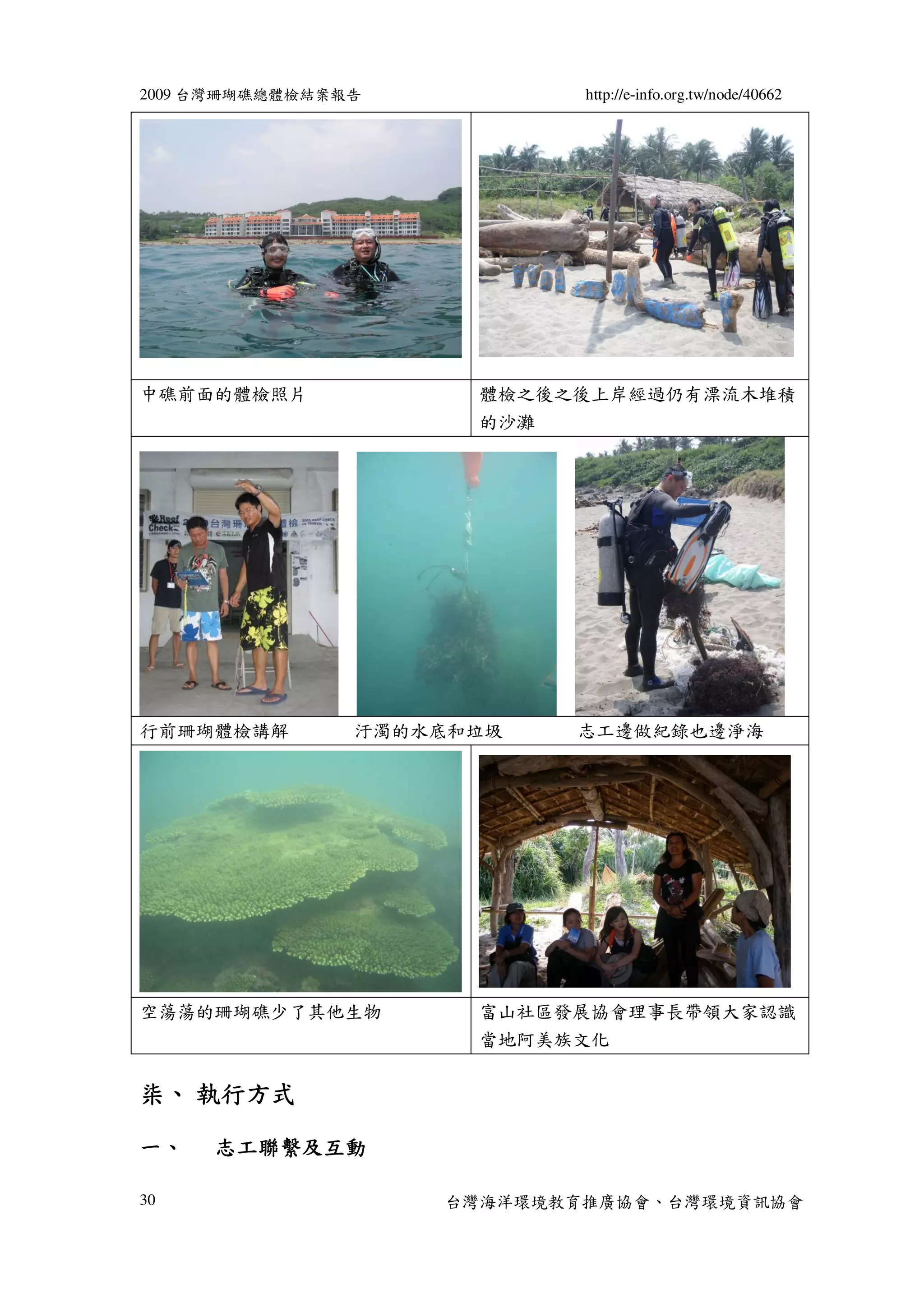 2009 台灣珊瑚礁總體檢結案報告           http://e-info.org.tw/node/40662




中礁前面的體檢照片             體檢之後之後上岸經過仍有漂流木堆積
                      的沙灘




行前珊瑚體檢講解        汙濁的水底和垃圾    志工邊做紀錄也邊淨海




空蕩蕩的珊瑚礁少了其他生物         富山社區發展協會理事長帶領大家認識
                      當地阿美族文化


柒、 執行方式

一、   志工聯繫及互動

30                  台灣海洋環境教育推廣協會、台灣環境資訊協會
 