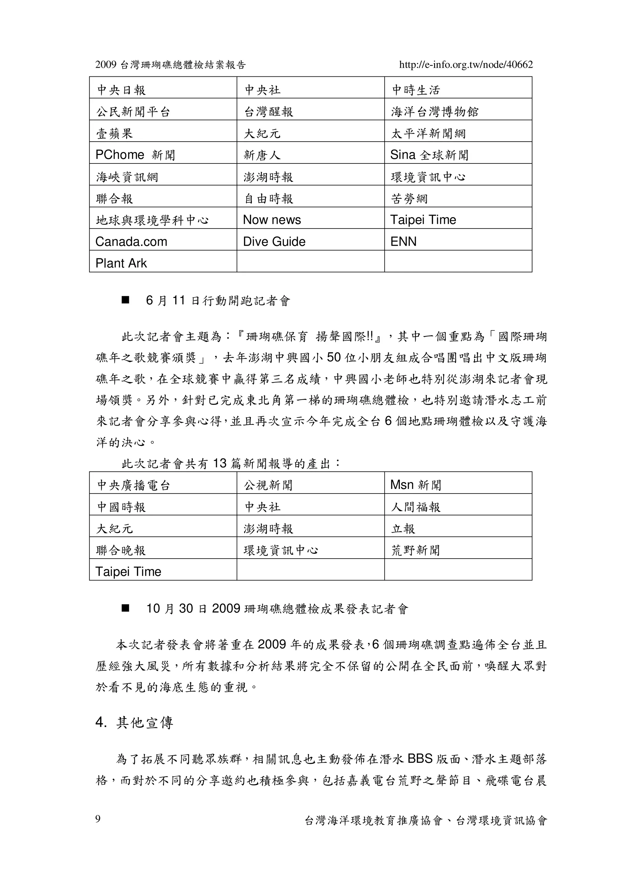 2009 台灣珊瑚礁總體檢結案報告                    http://e-info.org.tw/node/40662

中央日報              中央社               中時生活
公民新聞平台            台灣醒報              海洋台灣博物館
壹蘋果               大紀元               太平洋新聞網
PChome 新聞         新唐人               Sina 全球新聞
海峽資訊網             澎湖時報              環境資訊中心
聯合報               自由時報              苦勞網
地球與環境學科中心         Now news          Taipei Time
Canada.com        Dive Guide        ENN
Plant Ark

        6 月 11 日行動開跑記者會

    此次記者會主題為：『珊瑚礁保育 揚聲國際!!』，其中一個重點為「國際珊瑚
礁年之歌競賽頒獎」，去年澎湖中興國小 50 位小朋友組成合唱團唱出中文版珊瑚
礁年之歌，在全球競賽中贏得第三名成績，中興國小老師也特別從澎湖來記者會現
場領獎。另外，針對已完成東北角第一梯的珊瑚礁總體檢，也特別邀請潛水志工前
來記者會分享參與心得 並且再次宣示今年完成全台 6 個地點珊瑚體檢以及守護海
          ，
洋的決心。
    此次記者會共有 13 篇新聞報導的產出：
中央廣播電台            公視新聞              Msn 新聞
中國時報              中央社               人間福報
大紀元               澎湖時報              立報
聯合晚報              環境資訊中心            荒野新聞
Taipei Time

        10 月 30 日 2009 珊瑚礁總體檢成果發表記者會

    本次記者發表會將著重在 2009 年的成果發表 6 個珊瑚礁調查點遍佈全台並且
                           ，
歷經強大風災，所有數據和分析結果將完全不保留的公開在全民面前，喚醒大眾對
於看不見的海底生態的重視。

4. 其他宣傳

    為了拓展不同聽眾族群，相關訊息也主動發佈在潛水 BBS 版面、潛水主題部落
格，而對於不同的分享邀約也積極參與，包括嘉義電台荒野之聲節目、飛碟電台晨


9                            台灣海洋環境教育推廣協會、台灣環境資訊協會
 