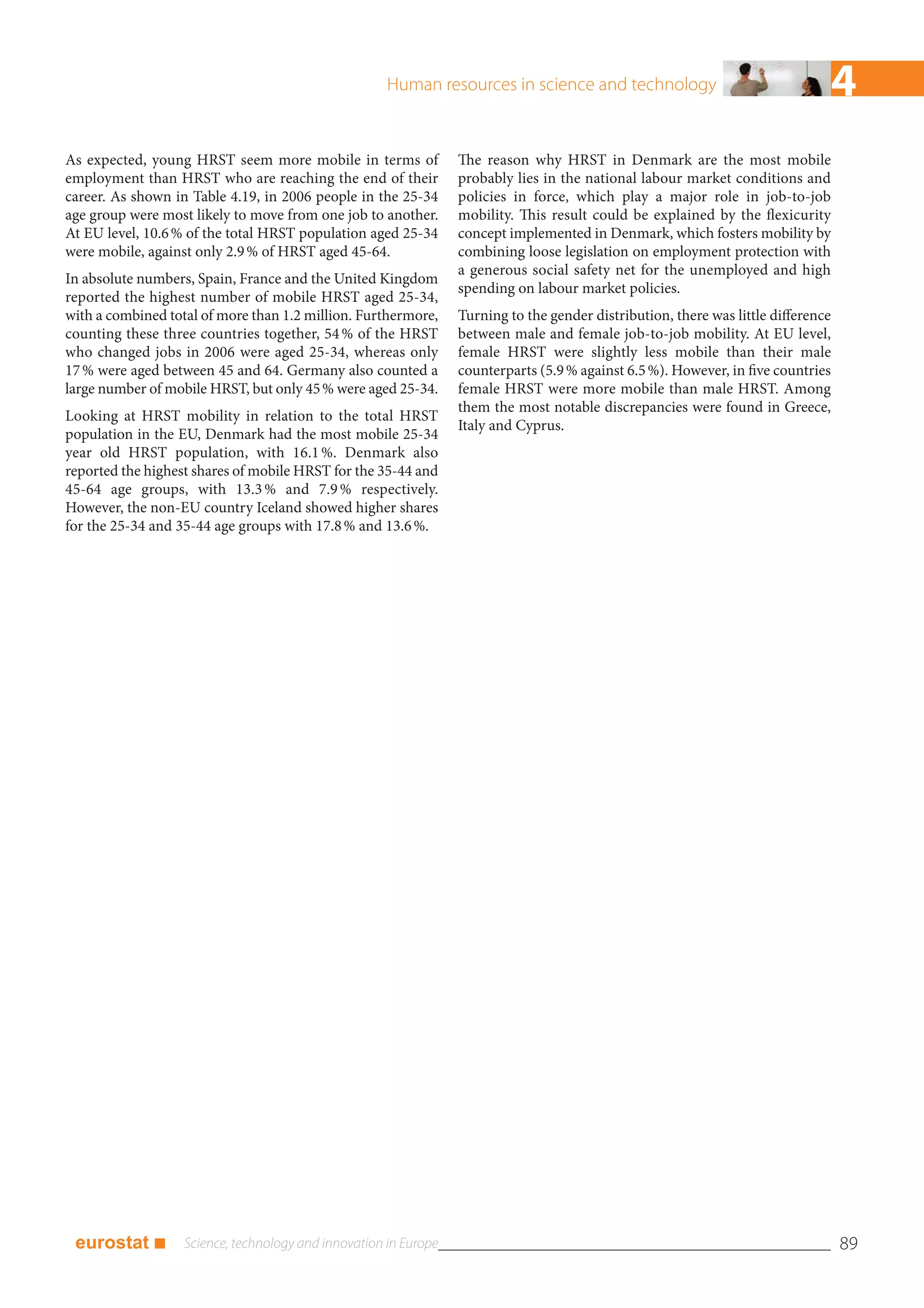 Human resources in science and technology                                 4
As expected, young HRST seem more mobile in terms of           The reason why HRST in Denmark are the most mobile
employment than HRST who are reaching the end of their         probably lies in the national labour market conditions and
career. As shown in Table 4.19, in 2006 people in the 25-34    policies in force, which play a major role in job-to-job
age group were most likely to move from one job to another.    mobility. This result could be explained by the flexicurity
At EU level, 10.6 % of the total HRST population aged 25-34    concept implemented in Denmark, which fosters mobility by
were mobile, against only 2.9 % of HRST aged 45-64.            combining loose legislation on employment protection with
                                                               a generous social safety net for the unemployed and high
In absolute numbers, Spain, France and the United Kingdom
                                                               spending on labour market policies.
reported the highest number of mobile HRST aged 25-34,
with a combined total of more than 1.2 million. Furthermore,   Turning to the gender distribution, there was little difference
counting these three countries together, 54 % of the HRST      between male and female job-to-job mobility. At EU level,
who changed jobs in 2006 were aged 25-34, whereas only         female HRST were slightly less mobile than their male
17 % were aged between 45 and 64. Germany also counted a       counterparts (5.9 % against 6.5 %). However, in five countries
large number of mobile HRST, but only 45 % were aged 25-34.    female HRST were more mobile than male HRST. Among
                                                               them the most notable discrepancies were found in Greece,
Looking at HRST mobility in relation to the total HRST
                                                               Italy and Cyprus.
population in the EU, Denmark had the most mobile 25-34
year old HRST population, with 16.1 %. Denmark also
reported the highest shares of mobile HRST for the 35-44 and
45-64 age groups, with 13.3 % and 7.9 % respectively.
However, the non-EU country Iceland showed higher shares
for the 25-34 and 35-44 age groups with 17.8 % and 13.6 %.




 eurostat ■                                                                                                                      89
 